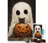 Spooky Cute Ghost And Black Cat with Pumpkin Jigsaw Puzzles 1000 Pieces for Teenagers Thought Toy Shared Fun Precise Edge Santa Wish Item 38x52cm