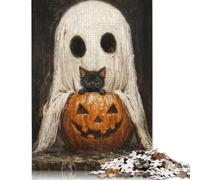 Spooky Cute Ghost And Black Cat with Pumpkin Jigsaw Puzzles for Adults 1000 Pieces, Jigsaw Puzzles Adult Intellective Educational Toy DIY Puzzles 1000pcs (75x50cm)