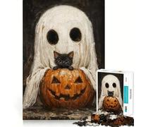 Spooky Cute Ghost And Black Cat with Pumpkin Jigsaw Puzzles for Teenagers 1000 Piece Mind Skill Toy Simple Fun Design Assembly Memorable Gift 38x26cm