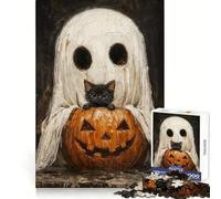 Spooky Cute Ghost And Black Cat with Pumpkin Jigsaw Puzzles for Teenagers 1000 Piece Mind Skill Toy Simple Fun Design Assembly Memorable Gift 38x26cm