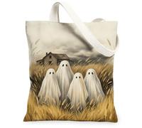 Spooky Ghost Farmhouse Illustration Ghosts Canvas Tote Bag 13x15 Inch, Gold, 13x15 Inch