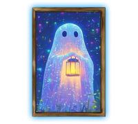 Spooky Ghost Poster - Glowing Canvas Print, Halloween Spirit Artwork | 16x20 Inch Luminous Picture with Wooden Frame, Scary Wall Décor for Bedroom Bathroom Kitchen Haunted House Party Display Setup