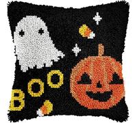 Spooky Ghost & Pumpkin Halloween Latch Hook Kits Pillowcase DIY Crochet Hook Cushion Making Kits with Preprinted Pattern Canvas DIY Handmade Pillow Cover 43x43cm (PL03)