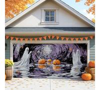 Spooky Ghosts and Pumpkins Garage Door Cover, Large Halloween Decorations for Indoor and Outdoor Use, Fall Seasonal Party Decor 157x71 Inch