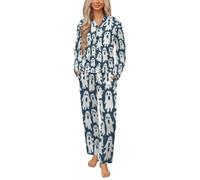 Spooky Ghosts for Halloween Women's Pajama Sets Long Sleeve V Neck Button Down Sleepwear Soft Lounge Sets XL