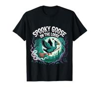 Spooky Goose On The Loose Funny Halloween Witch Broom Design T-Shirt
