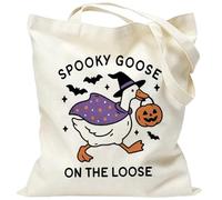 Spooky Goose On The Loose Halloween Tote Bag Witch Goose Pumpkin Bat Gifts | Thick Canvas Bag With Witch Goose Print, Great Trick-Or-Treat Bag for Candy & Books, Cute Seasonal Gift for farm Animal Lover