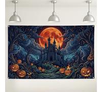 Spooky Gothic Castle Halloween Backdrop Banner 71x43 Inch | Gothic Castle, Photography Backdrop, Full Moon, Floating Ghosts, Jack-o-lanterns, Spooky Woodland, Nighttime Atmosphere