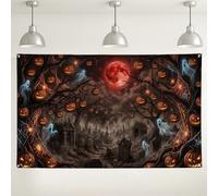 Spooky Graveyard Halloween Jack-o'-Lanterns Backdrop Banner 71x43 Inch | Gothic Graveyard Scene, Photo Backdrop, Glowing Pumpkins Lanterns, Spooky Tree Silhouettes, Blood Moon Background