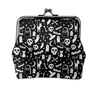Spooky Halloween Black Women's Leather Coin Purse, Small Change Pouch with Kiss-Lock Clasp Closure Buckle Wallet for Girl Gift