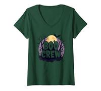 Spooky Halloween Boo Crew Ghostly Moon Party V-Neck T-Shirt, Women, Forest Green, M