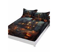 Spooky Halloween Castle on Forest Fitted Bed Sheets King Size Fit 5-16inch Deep Pockets,Luxury Bottom Sheet Bedding Set with Pillow Case,Scary Haunted House Evil Pumpkin Fitted Sheet for Mattress