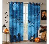 Spooky Halloween Curtains Living Room, 90 x 108 Inch 2 Panels | Blue Black Bat Tombstone Patterned 95% Blackout Curtains, Bedroom, Eyelet, Insulated, 108 Drop, Home Decor E-D10