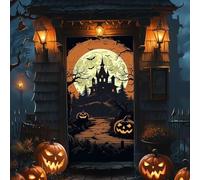 Spooky Halloween Door Hanging Curtain Haunted House Decorative Porch Scarf Gothic Bat & Ghost Printed Hanging Cloth Halloween Decorative Door Curtain for Haunted House Party Trick-or-Treat Scene Deco