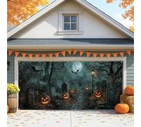 Spooky Halloween Garage Door Cover, Black Gothic Pumpkin Graveyard Large Garage Door Decorations, Autumn Indoor and Outdoor Halloween Party Background Decor 157x71 Inch