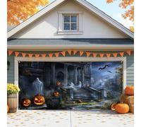 Spooky Halloween Garage Door Cover, Black Haunted House Ghosts Large Garage Door Decorations, Fall Indoor and Outdoor Halloween Party Background Decor 157x71 Inch