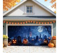 Spooky Halloween Garage Door Cover, Blue Haunted Pumpkin Graveyard Large Garage Door Decorations, Fall Indoor and Outdoor Halloween Party Background Decor 157x71 Inch