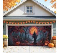 Spooky Halloween Garage Door Cover, Large Grim Reaper and Pumpkin Decorations, Autumn Outdoor Party Background Decor 157x71 Inch
