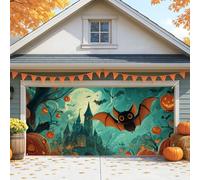 Spooky Halloween Garage Door Cover, Orange Fanciful Bat and Pumpkin Large Garage Door Decorations, Fall Indoor and Outdoor Halloween Party Backdrop Decor 157x71 Inch
