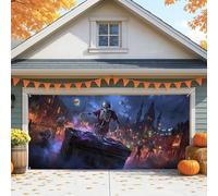 Spooky Halloween Garage Door Cover, Skeleton DJ Large Garage Door Decorations, Haunted House Party Background Decor, Outdoor and Indoor Use 157x71 Inch