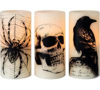 Spooky Halloween Led Candles: 3-Pack With 6H Timer, Flickering Flames & Spider Web, Crow, Skull Decals For Indoor Decor