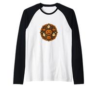 Spooky Halloween Mandala Art with Ghosts Bats Pumpkins Raglan Baseball Tee