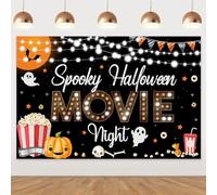 Spooky Halloween Movie Night Backdrop Orange Black Halloween Party Decorations Moon Night Scary Pumpkin Popcorn Movie Night Photography Backdrop for Children Adult Halloween Party Decor Supplies 5x3ft