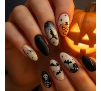 Spooky Halloween Press On Nails Short Almond Square - 24PCS False Acrylic Nail Tips with Witch Bat Pumpkin Designs for Women and Girls Matte Gothic Cute Elegant for Party Cosplay