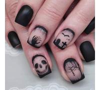 Spooky Halloween Press on Nails Short Square Fake Nails Black Matte Nails Press ons with Graveyard Design,Reusable & Easy Apply & Full Cover Glue on Nail Stick on Nails for Women Manicure 24 Pcs