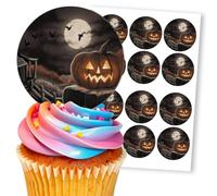 Spooky Halloween Pumpkin Moonlit Bat, 12 Edible Paper 2.5" Cupcake Toppers