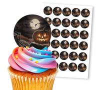 Spooky Halloween Pumpkin Moonlit Bat, 30 Edible Paper 1.5" Cupcake Toppers