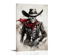 Spooky Halloween Skull Canvas Wall Art, Vintage American West Cowboy Skeleton Art Hanging Paintings Poster, Gothic Home Decor Perfect for Living Room Bedroom Wall Spaces 08x12inch(20x30cm)
