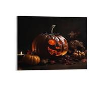 Spooky Halloween Wall Decor Poster, Jack-o'-Lantern & Autumn Leaves Framed Canvas Wall Art for Bathroom Kid's Room, Funny Fall Pumpkin Artworks, Thanks Giving Gifts, 20x25CM