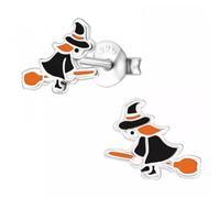 Spooky Halloween Wicked Witch on Broom Sterling Silver Stud Earrings with Gift Box - Hypoallergenic jewellery Accessories