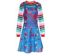 Spooky Horror Doll Adult Womens Cosplay Dress for Halloween Party Costume Role Play Creepy Character Attire(blue-pink,S)