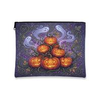 Spooky Jack-o'-lantern Ghost Design Halloween Makeup Bag 7x9 Inch | Spooky Ghost Motifs, Makeup Zipper Pouch, Magical Vine Details, Glowing Pumpkins Faces, Seasonal Autumn Accessory
