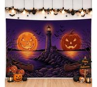 Spooky Lighthouse Halloween Scene Backdrop Banner 71x43 Inch | Jack-o-lantern Pumpkins, Photo Backdrop, Silhouettes Of Bats, Mysterious Coastal Night Scenery, Seasonal Wall Hanging