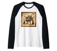 Spooky Mansion Full Moon Halloween Pumpkins Spider Scary Fun Raglan Baseball Tee
