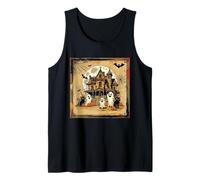 Spooky Mansion Full Moon Halloween Pumpkins Spider Scary Fun Tank Top