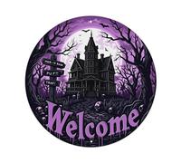 Spooky Mansion Moonlight Trees Welcome Round Tin Sign Vintage Metal Poster Retro Bar, Home, Man Cave, Kitchen, Laundry Room Wall Art Decor Gift 8x8In