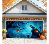 Spooky Owl Garage Door Cover, Blue Halloween Decoration, Large Outdoor and Indoor Fall Decor, Haunted House Party Background, Autumn Seasonal Decor 157x71 Inch