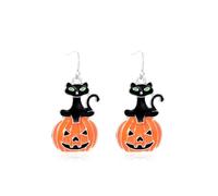 Spooky Pumpkin Black Cat Halloween Earrings Zinc Alloy Hook Drop | Red Trident Glitter Dangle Women Party Jewelry 2 Pairs -Free
