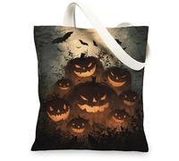 Spooky Pumpkin Canvas Tote Bags, Halloween Themed Reusable Grocery Bags, Vintage Rustic Lightweight Washable Shoulder Strap Canvas Bags for Shopping Travel 13x15 Inch