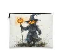 Spooky Pumpkin Makeup Bag, Vintage Halloween Scarecrow Cosmetic Travel Pouch for Women, Portable Canvas Zipper Organizer for Fall 7x9 Inch
