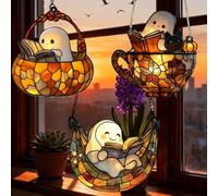 Spooky Reading Ghost Teacup Sun Catcher,2D Flat Acrylic Window Hanging Sun Catcher,Halloween Hang ing Decor, Glass Window Hanging Decor,Halloween Decoration Fall Gift Wall Art Readers Book Lover