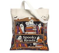 Spooky Reads Ghost Literary Quote Halloween Canvas Tote Bag 13x15 Inch | Fanciful Ghost Illustration, Autumnal Color Palette, Mystery Novel Theme, Seasonal Home Atmosphere, Daily Carry Tote
