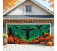 Spooky Scarecrow Garage Door Cover, Orange Pumpkin Halloween Large Garage Door Decorations, Fall Indoor and Outdoor Party Background Decor 157x71 Inch