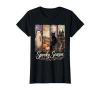 Spooky Season Ghost Cat Haunted House Pumpkins Value Graphic T-Shirt, Women, Black, L