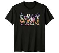 Spooky Season Halloween Holidays Mens T-Shirt Womens Tee Graphic Unisex Top Design Featuring Pumpkins Ghosts Cat Raven Bats XL Black