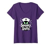 Spooky Shifts: Alien Nurse Halloween for Medical Staff V-Neck T-Shirt, Women, Purple, L
